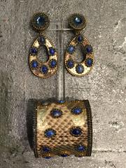 1980s Prego Snakeskin Cuff and Drop Earrings w Rhinestones and Cabochons