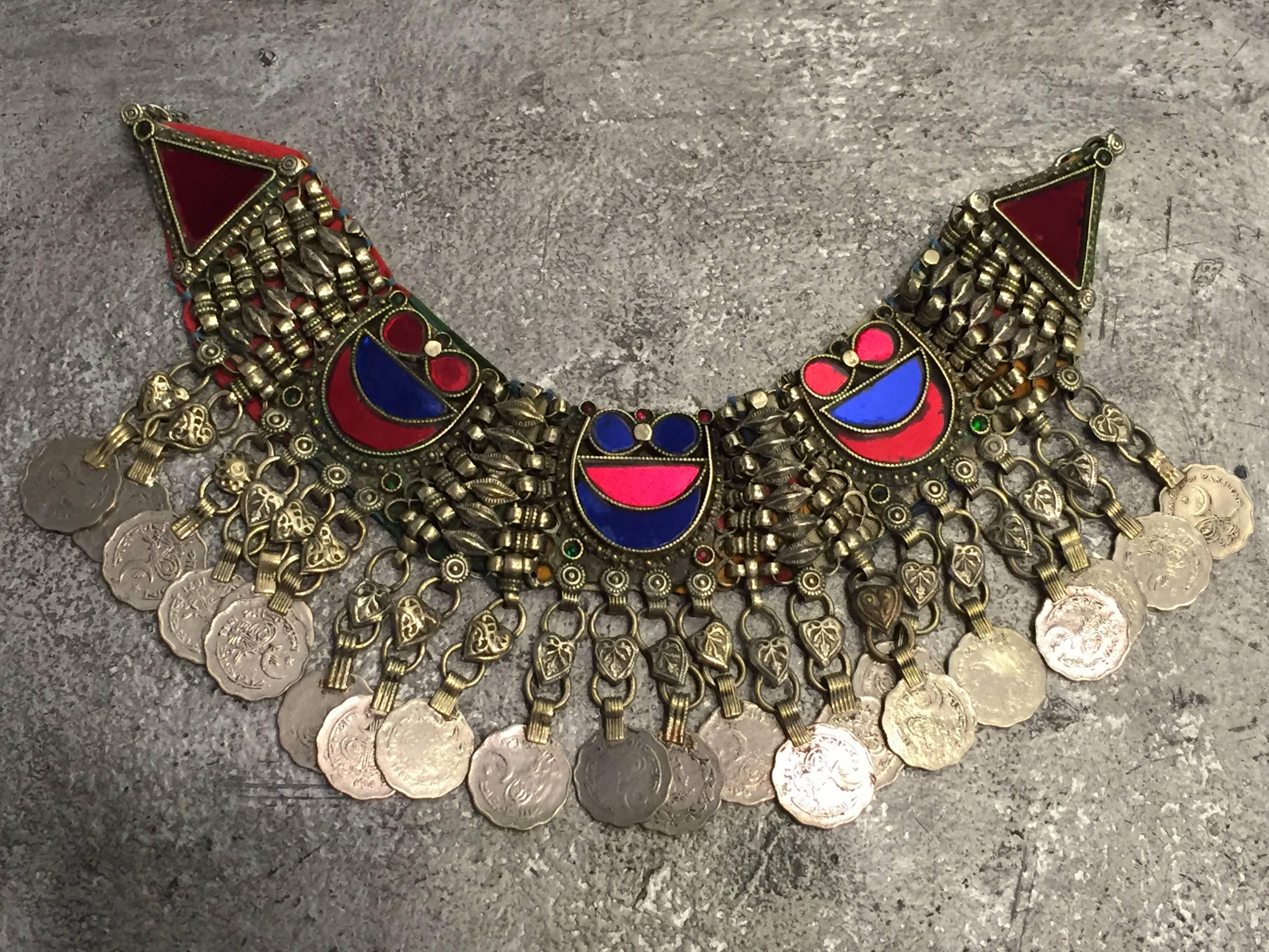Anglo-Indian Ethnic Coin Bib Necklace w Tinted Mirror Tile Inlay For Sale