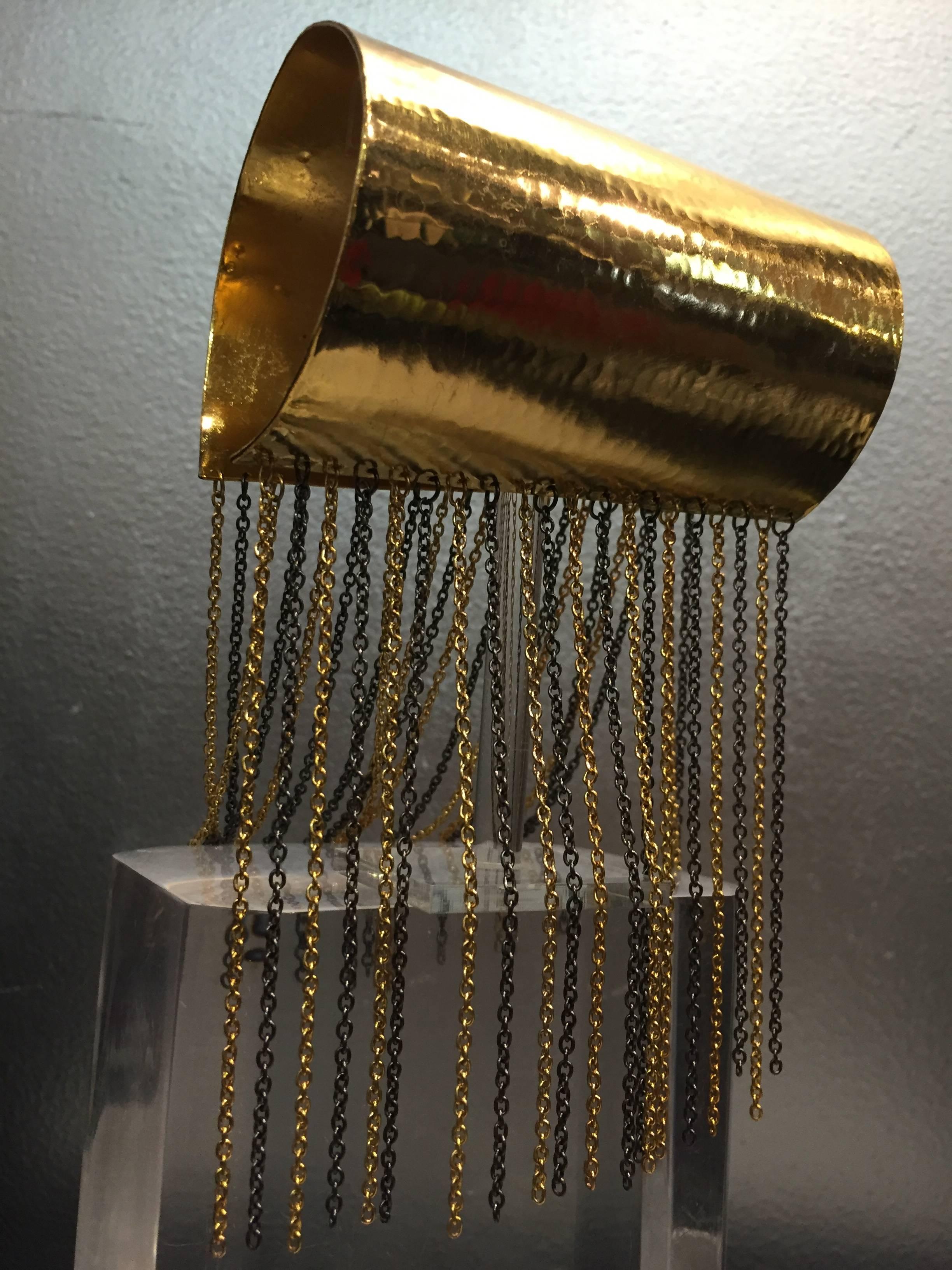 1980s Hammered Gold-Tone Cuff with Gold and Pewter Chain Fringe In Excellent Condition In Gresham, OR