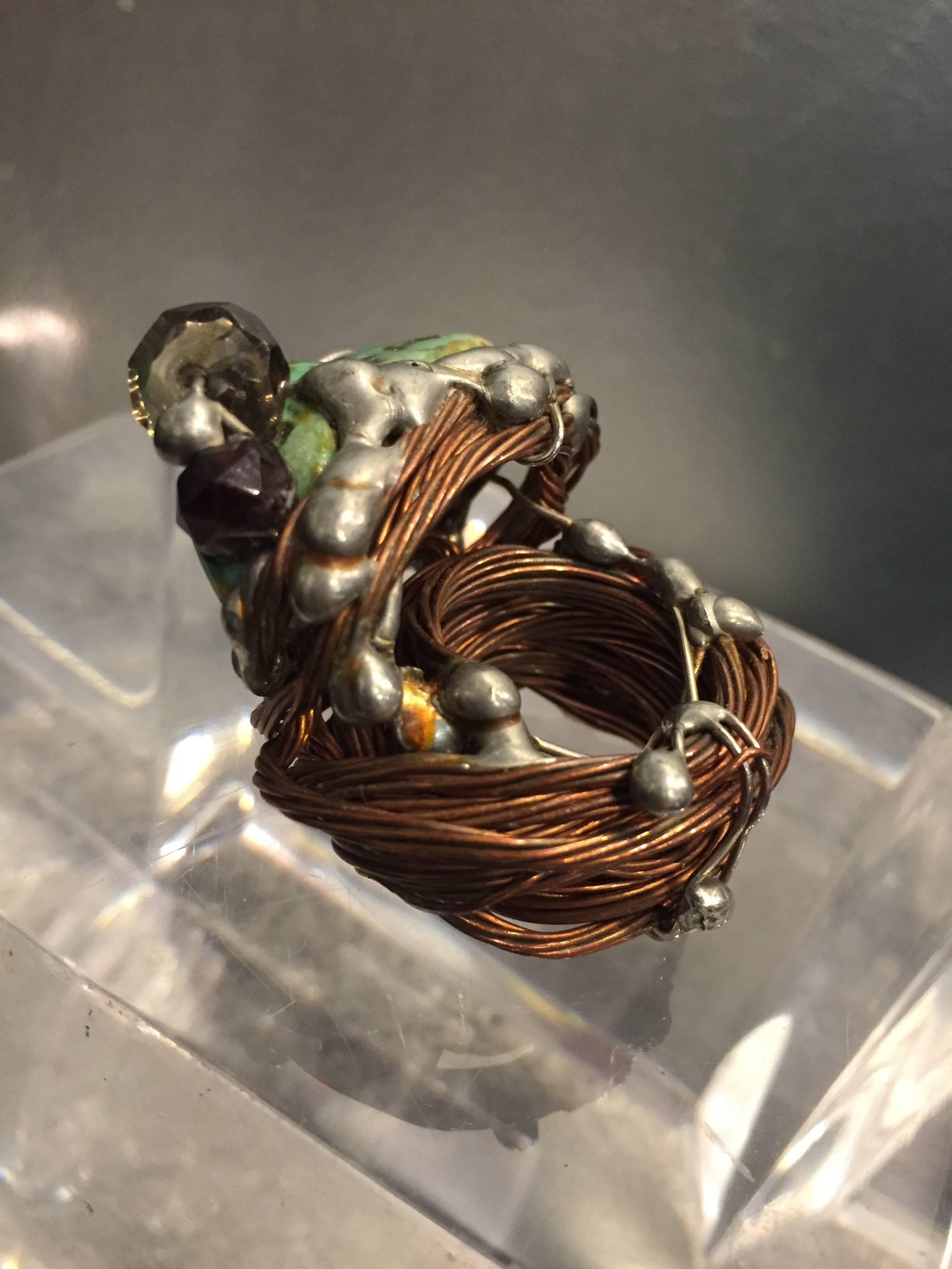 1970s Hand-Crafted Copper Wire and Turquoise Center Stone Ring In Excellent Condition In Gresham, OR