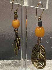 1970s Amber Bead and Hammered Brass Ethnic Choker with Dangle Earrings