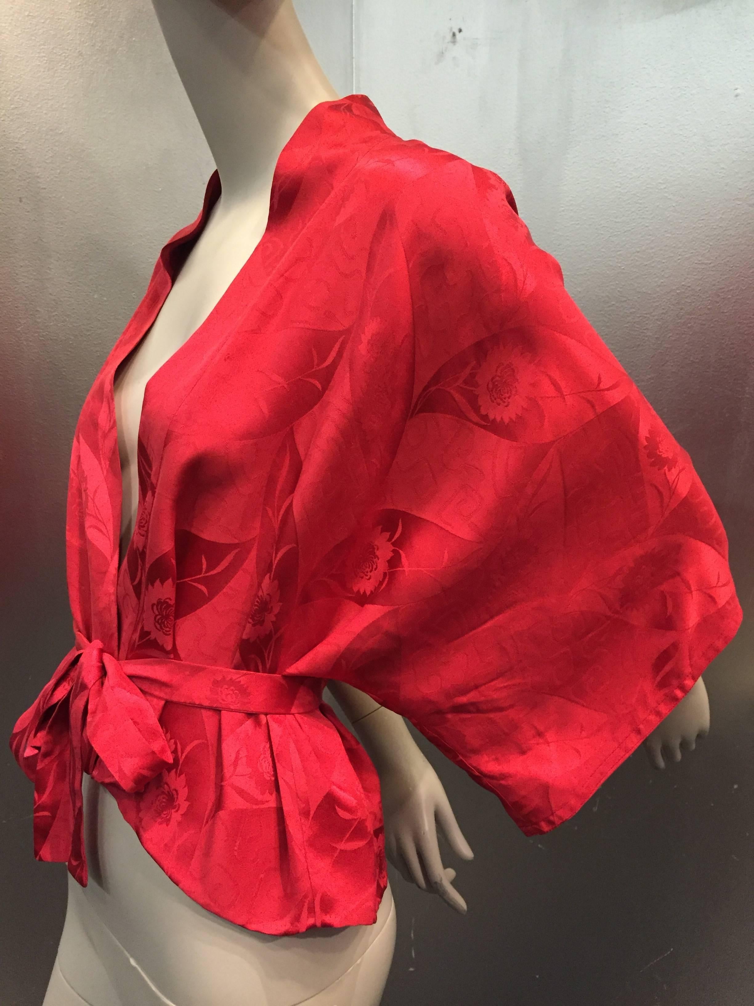 1970s cranberry silk jacquard kimono-style jacket with belt. 