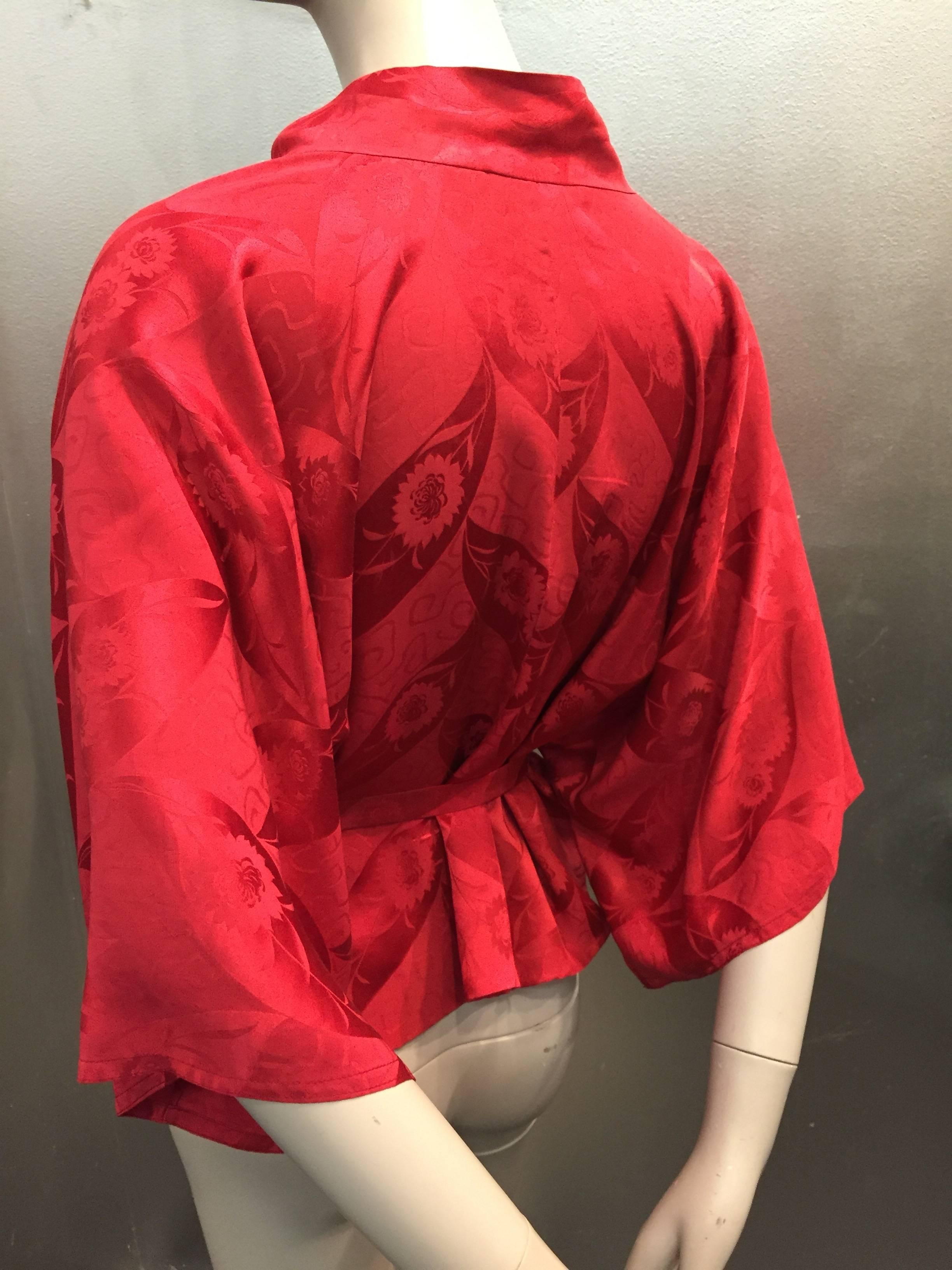 Red 1970s Cranberry Silk Jacquard Kimono-Style Jacket w Belt