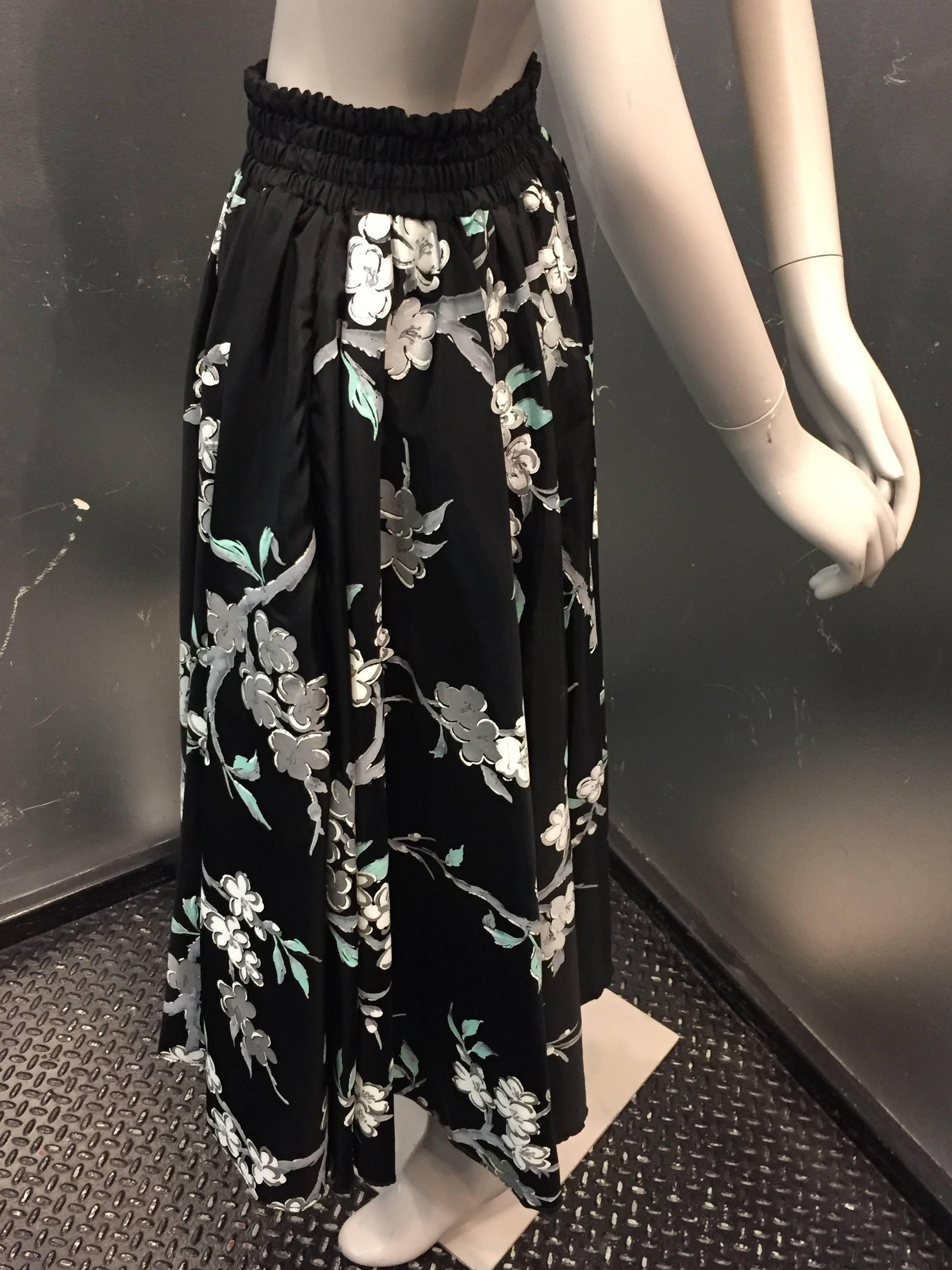 Black 1950s Taffeta Full Skirt with Silk Screened Florals