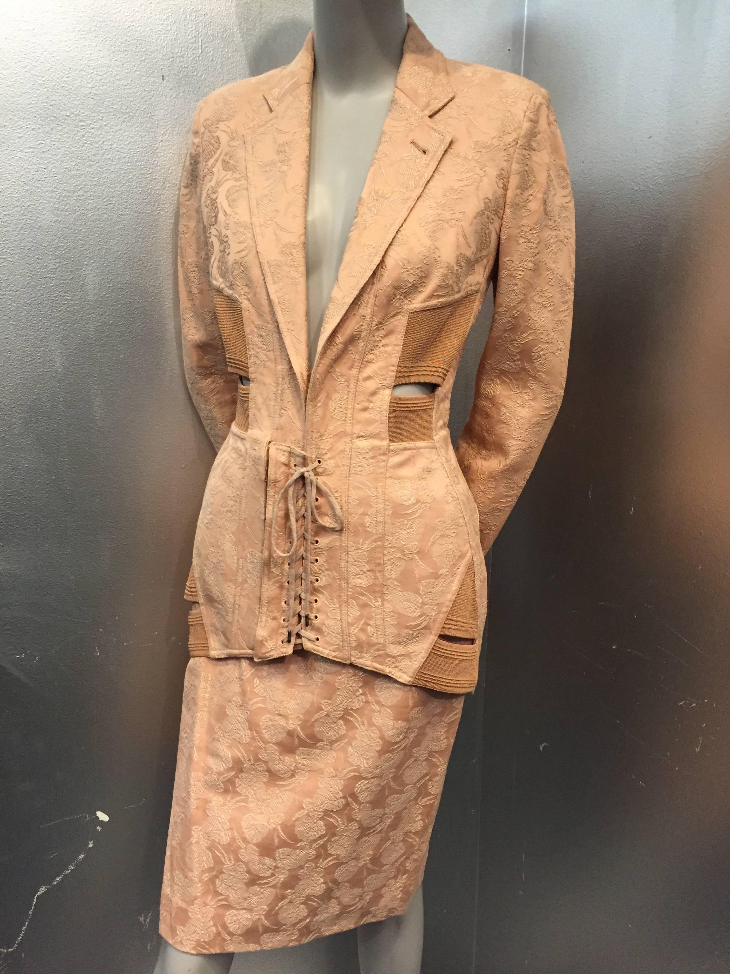 Beige 1980s Iconic Jean Paul Gaultier Peach Jacquard Corset-Inspired Skirt Suit