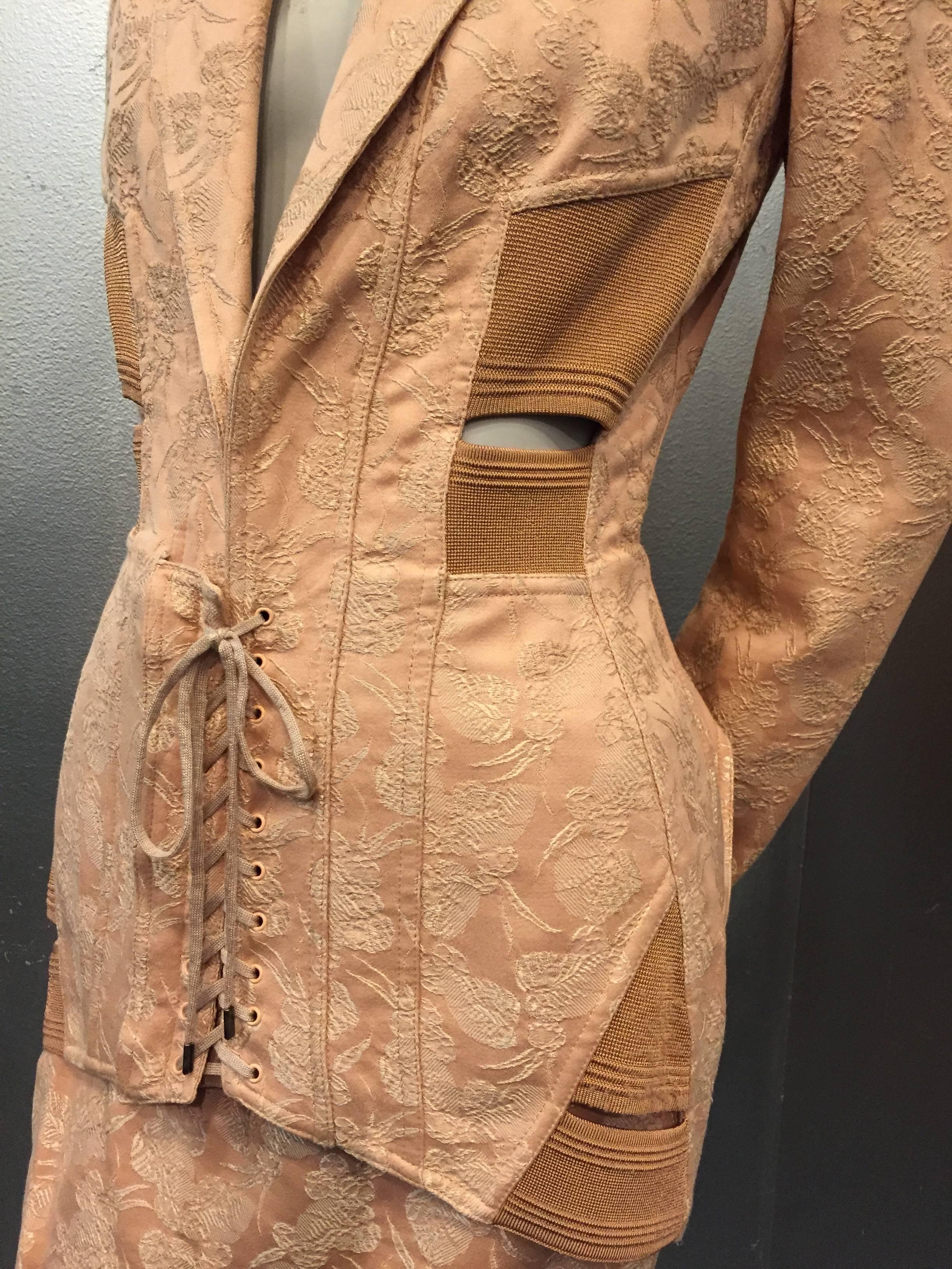 1980s Iconic Jean Paul Gaultier Peach Jacquard Corset-Inspired Skirt Suit In Excellent Condition In Gresham, OR