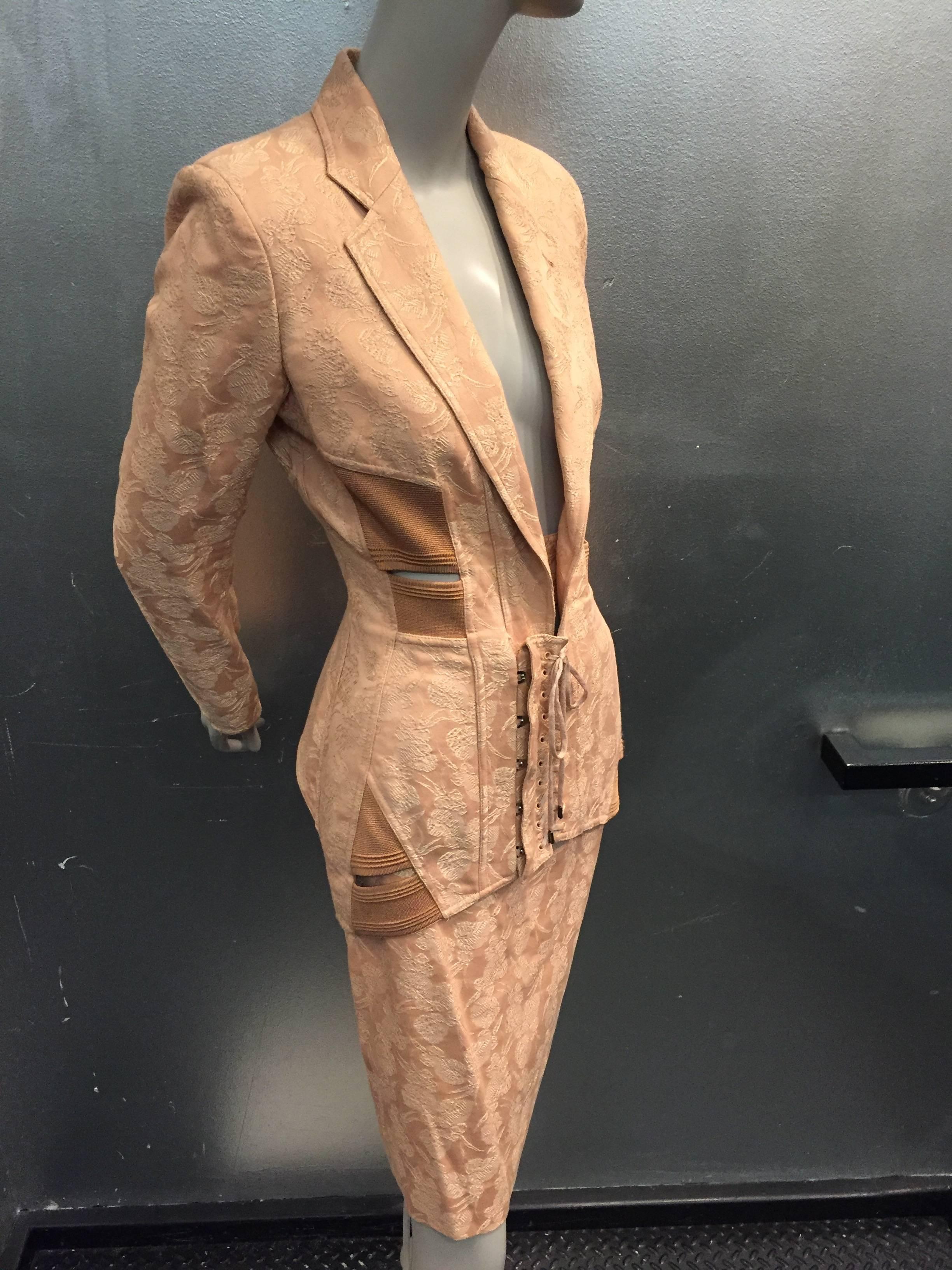 1980s Iconic Jean Paul Gaultier Peach Jacquard Corset-Inspired Skirt Suit 2