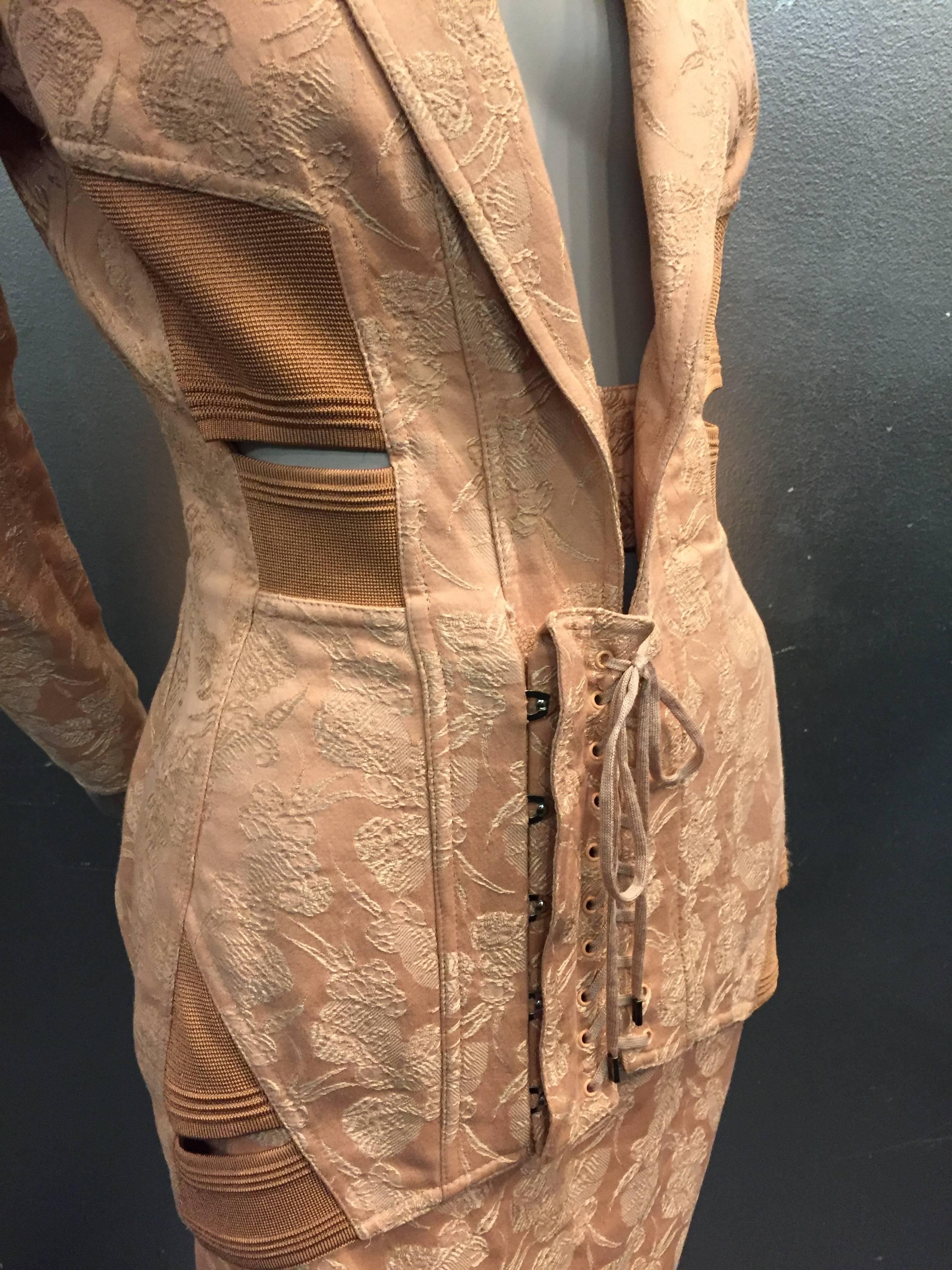 1980s Iconic Jean Paul Gaultier Peach Jacquard Corset-Inspired Skirt Suit 1