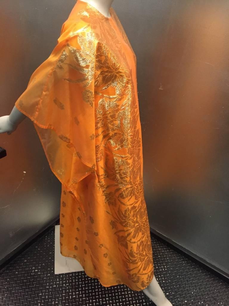 1960s marigold synthetic silk lamé brocade caftan with lining. 