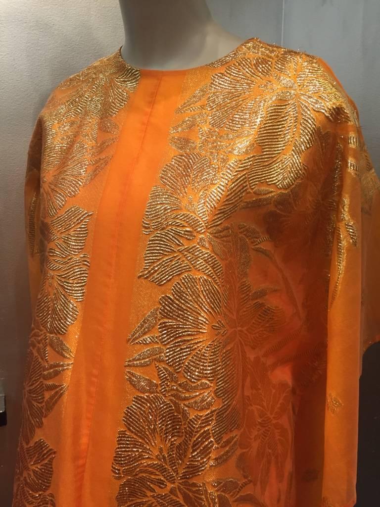 Women's or Men's 1960s Marigold Lamé Brocade Synthetic Silk Caftan w Lining