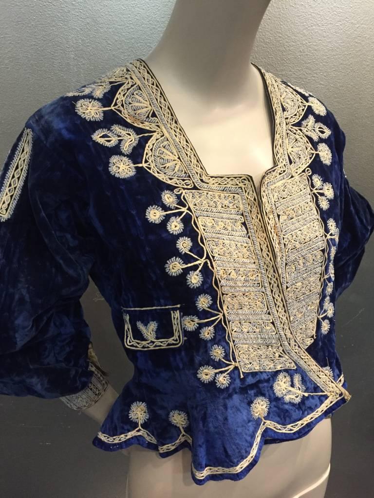 Black 1930s Bolivian Saphire Blue Velvet Jacket w Elaborate Folk Embroidery