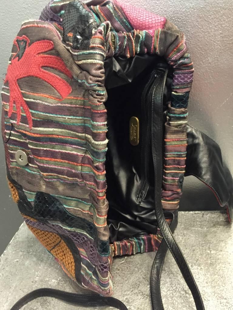 Black 1980s Sharif Multicolored Brocade Clutch Bag w Snakeskin Appliqués