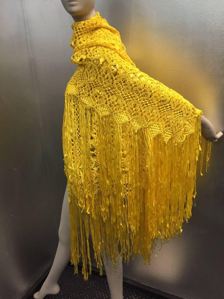 Women's 1970s Canary Yellow Macramé Silk and Rayon Ribbon Fringed Shawl