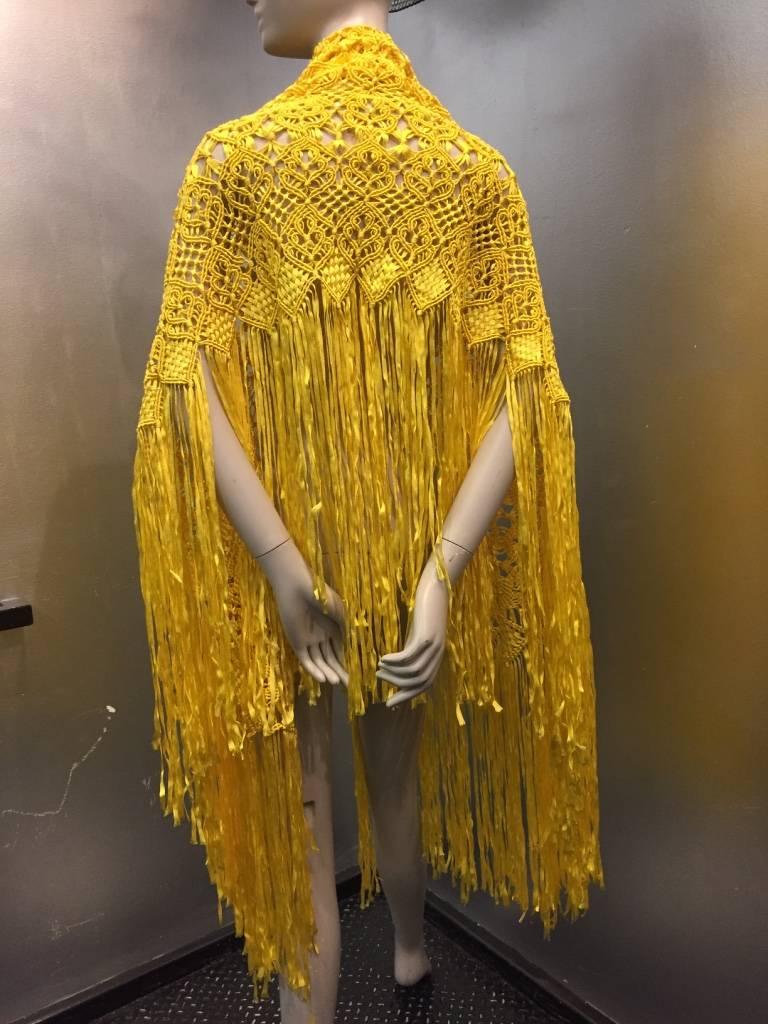 1970s canary yellow macramé silk and rayon ribbon fringed shawl.