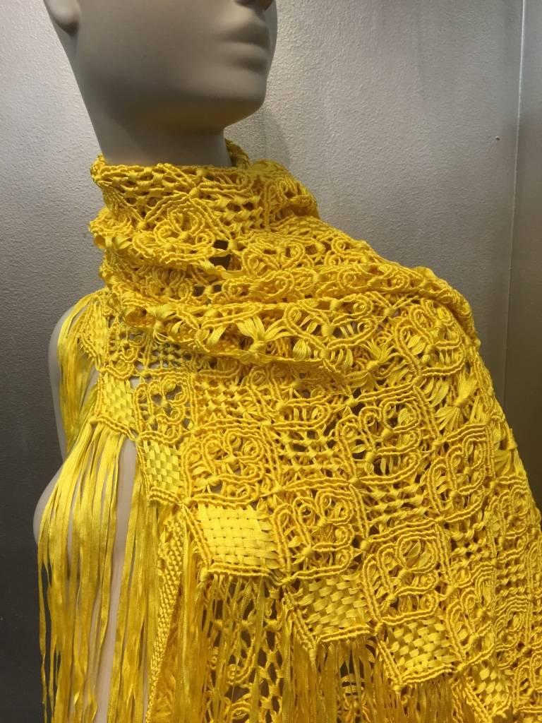 1970s Canary Yellow Macramé Silk and Rayon Ribbon Fringed Shawl 2