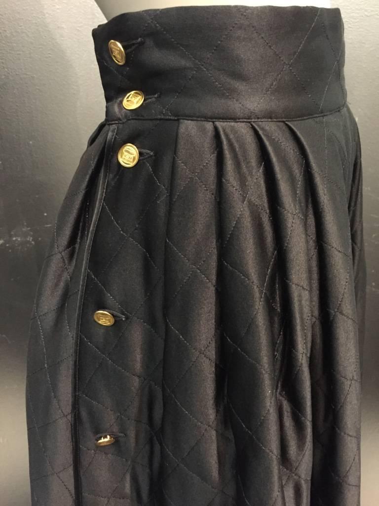 Black 1980s Chanel Quilted Silk Satin Full Skirt with 