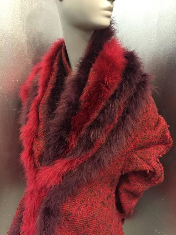 Yohji Yamamoto Wool Tweed Asymmetrical Fitted Jacket w Marabou Feather Boa For Sale 1