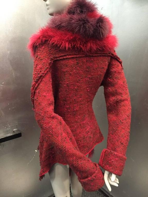 Yohji Yamamoto Wool Tweed Asymmetrical Fitted Jacket w Marabou Feather Boa In Excellent Condition For Sale In San Francisco, CA