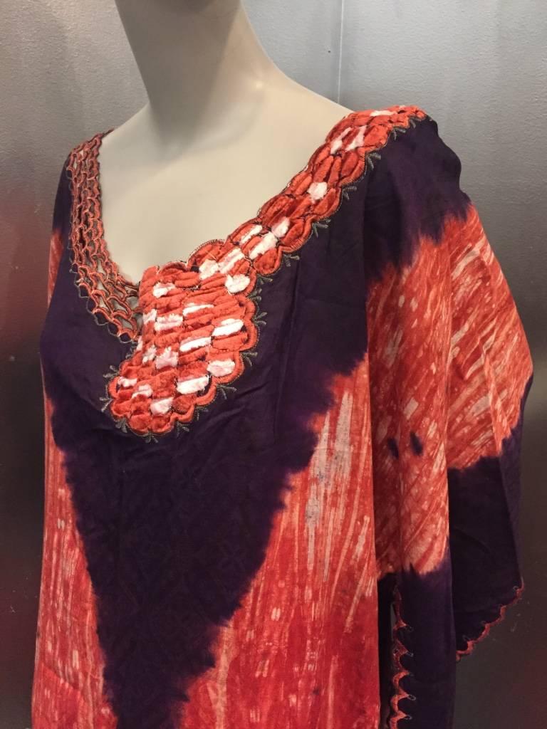 Brown 1970s Purple and Red Tie-Dye Cotton Caftan with Chenille Trimmed Neckline
