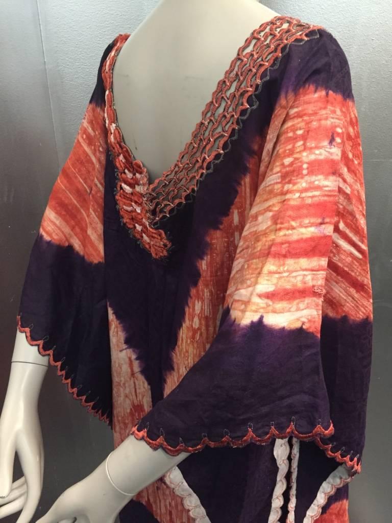 1970s Purple and Red Tie-Dye Cotton Caftan with Chenille Trimmed Neckline 1