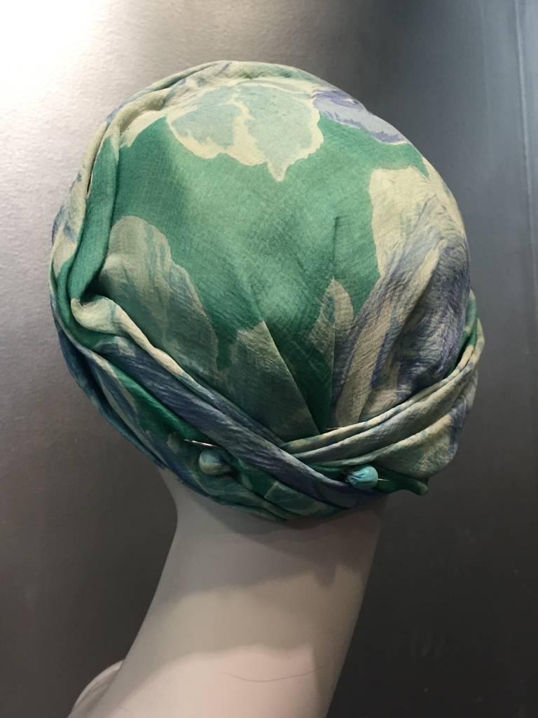 1950s Christian Dior Floral Silk Chiffon Turban Hat In Excellent Condition In Gresham, OR