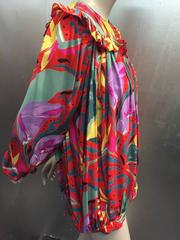 1980s Ungaro Tropical Palm Print Silk Blouse or Jacket w Ruffled Yolk