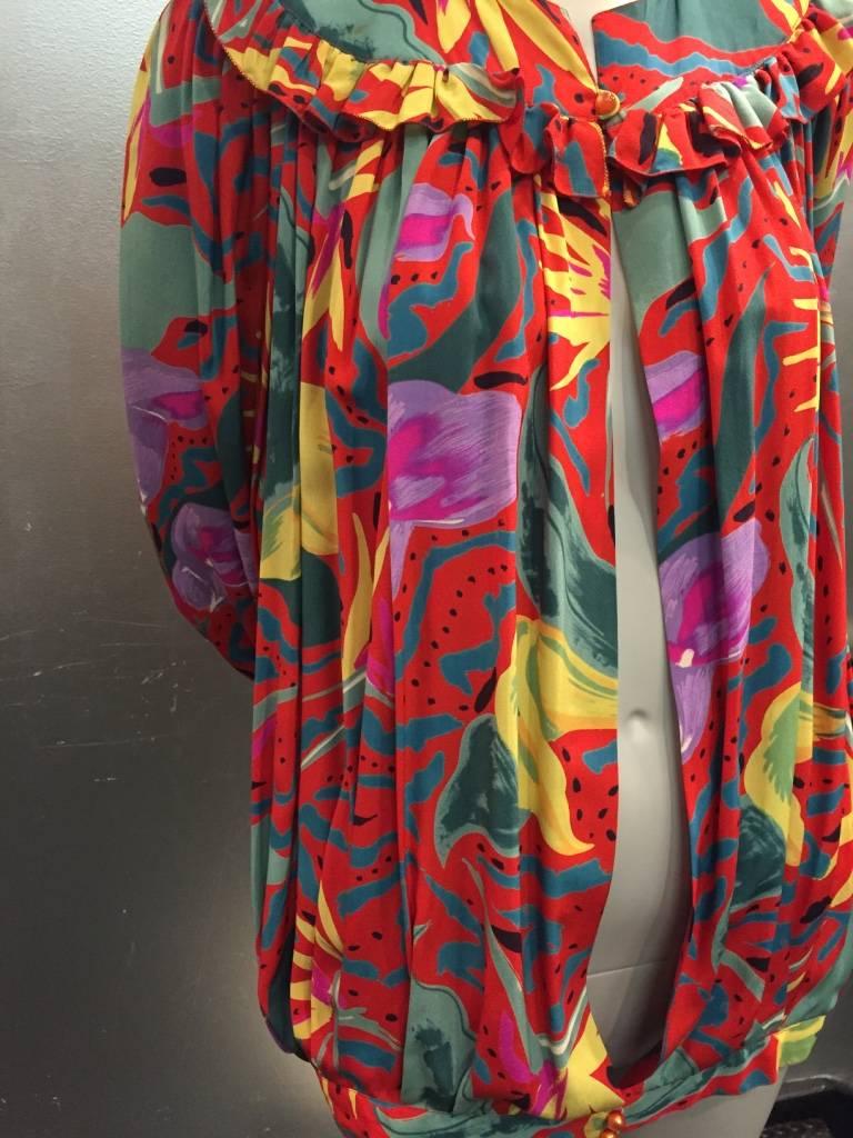 Women's 1980s Ungaro Tropical Palm Print Silk Blouse or Jacket w Ruffled Yolk