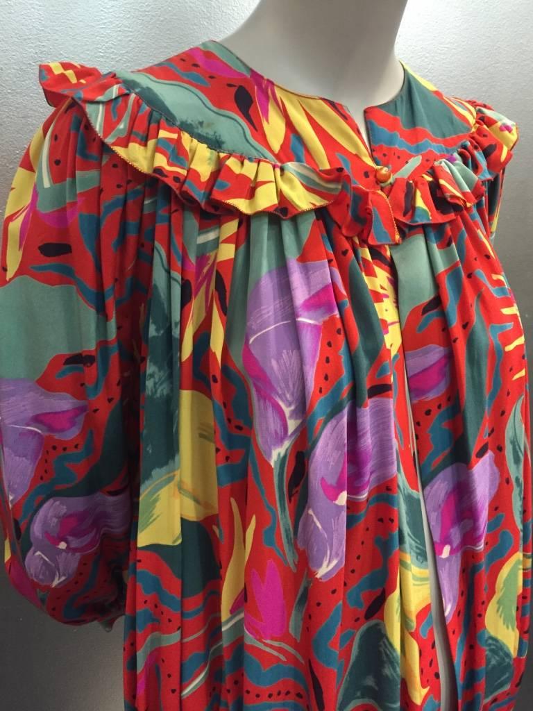 1980s Ungaro Tropical Palm Print Silk Blouse or Jacket w Ruffled Yolk 2