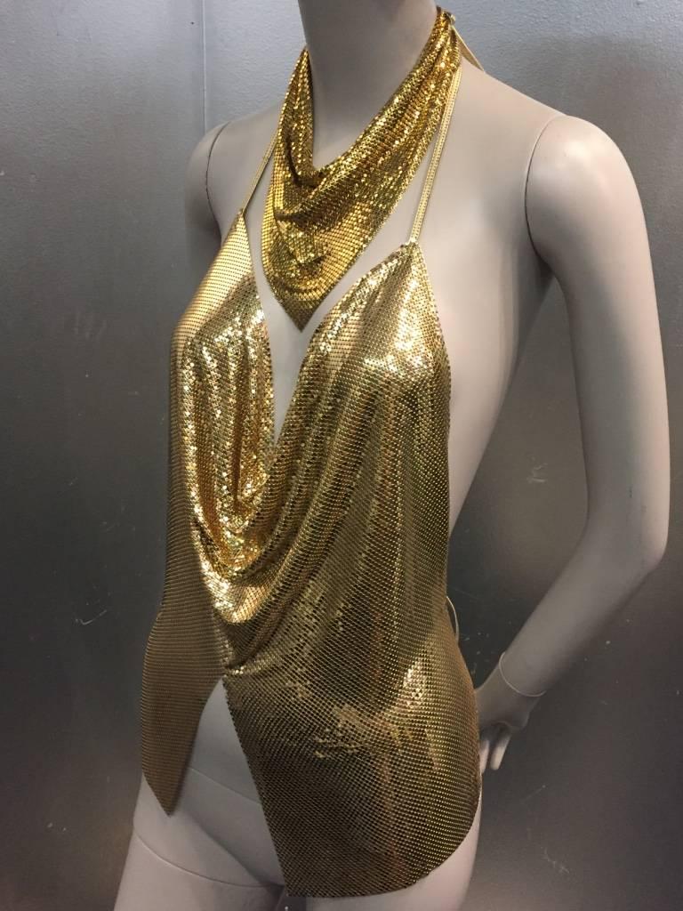 1980s Whiting and Davis gold chain mail set in original box:  Halter top, Necklace and shoulder bag.  All with gold leather detailing and ties. 
