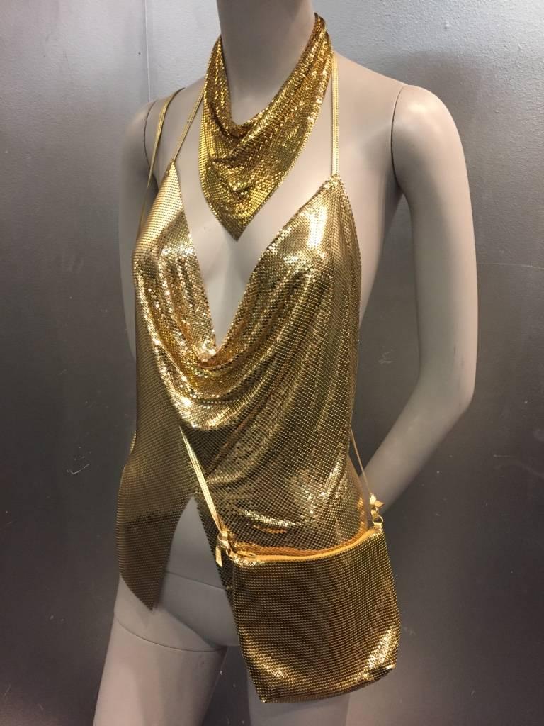 Brown 1980s Whiting and Davis Gold Chain Mail Set:  Halter Top, Necklace and Purse