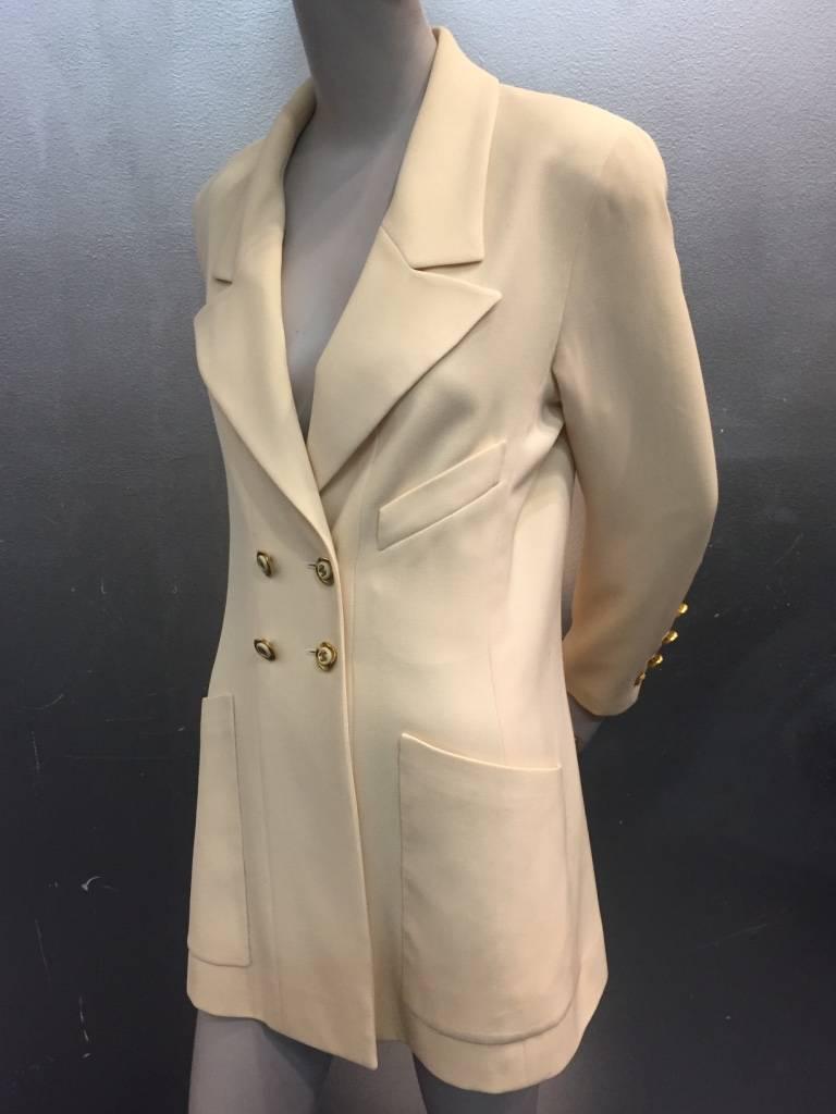 Beige 1990s Chanel Cream Double Breasted Jacket with Notched Collar and Logo Buttons