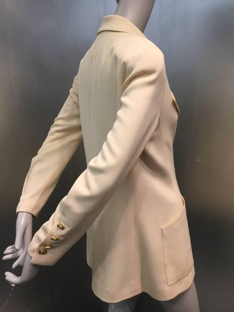 1990s Chanel Cream Double Breasted Jacket with Notched Collar and Logo Buttons In Excellent Condition In Gresham, OR