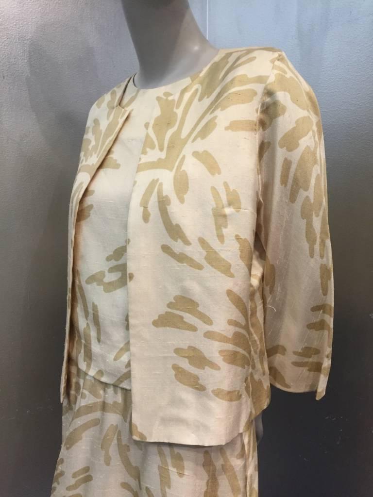 1960s Wragge Three Piece Taupe and Cream Print Silk Skirt Suit  2