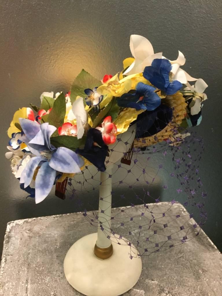 Women's 1950s Chanda Pale Yellow Straw Hat Trimmed in Beautiful Multicolor Flowers