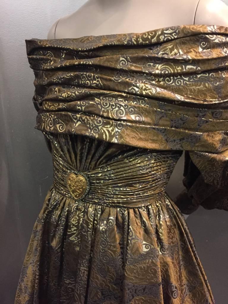 1980s Michael Casey Pewter and Copper Brocade Portrait Collar Cocktail Dress In Excellent Condition In Gresham, OR