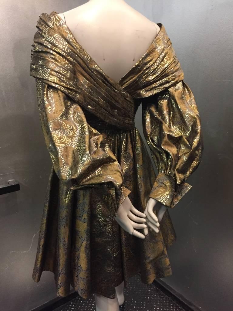 Women's 1980s Michael Casey Pewter and Copper Brocade Portrait Collar Cocktail Dress