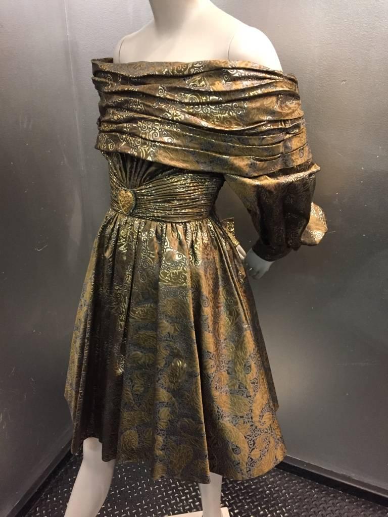 Brown 1980s Michael Casey Pewter and Copper Brocade Portrait Collar Cocktail Dress
