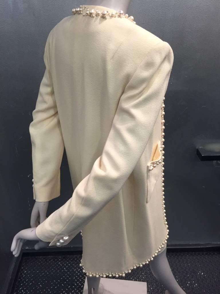 Women's 1980s David Hayes Cream Wool Skirt and Long Pearl and Rhinestone Trimmed Jacke For Sale