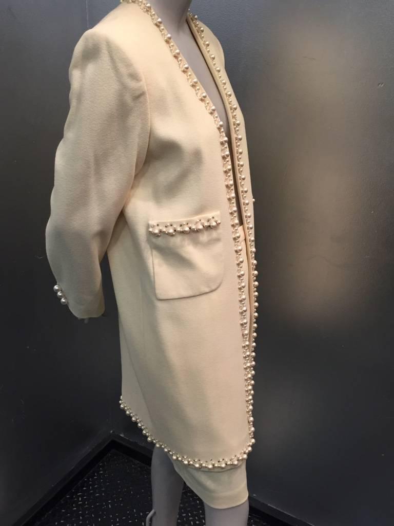 1980s David Hayes Cream Wool Skirt and Long Pearl and Rhinestone Trimmed Jacke In Excellent Condition For Sale In Gresham, OR