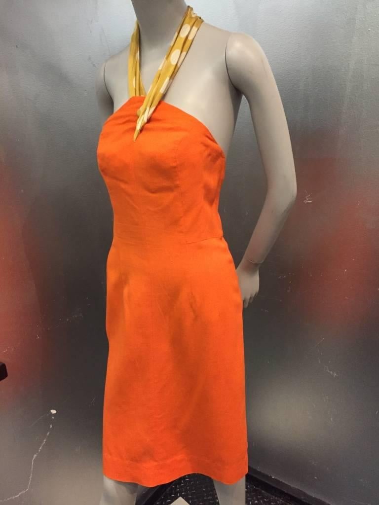 1950s Marion O'Dare sexy orange linen halter dress for summer.  Unlined, beautiful button-down low-back halter dress with polka-dot silk scarf halter strap at neck.  Gorgeous 