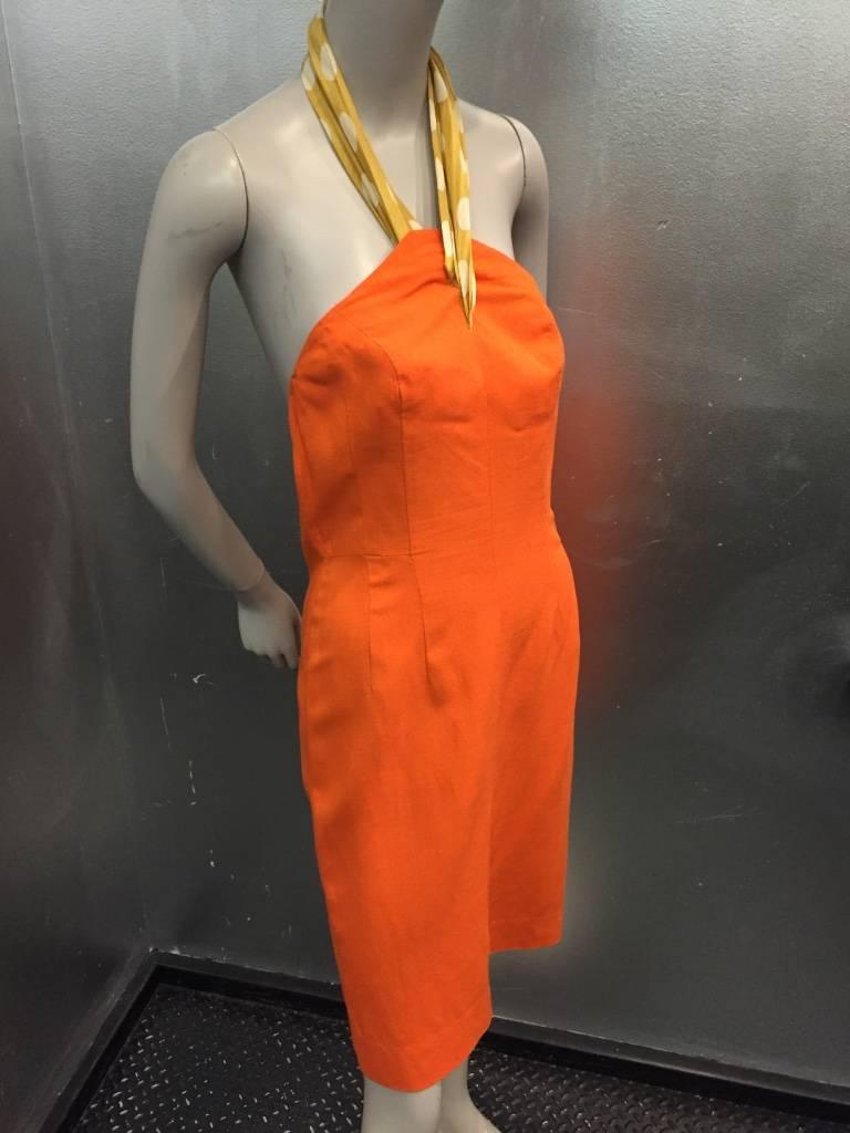 1950s Sexy Marion O'Dare Orange Linen Halter Dress w Scarf Neck In Excellent Condition In Gresham, OR