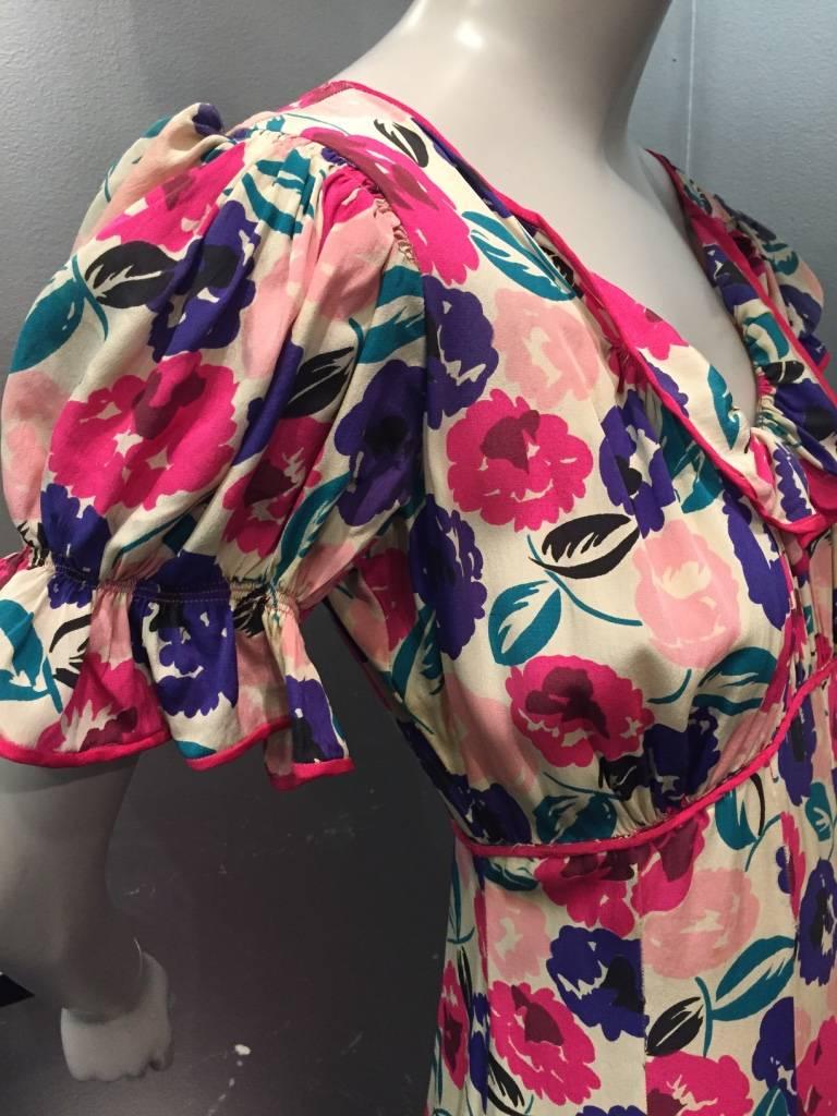 1930s Silk Floral Bias-Cut Gown in Fuchsia, Purple, Teal and Black In Excellent Condition In Gresham, OR