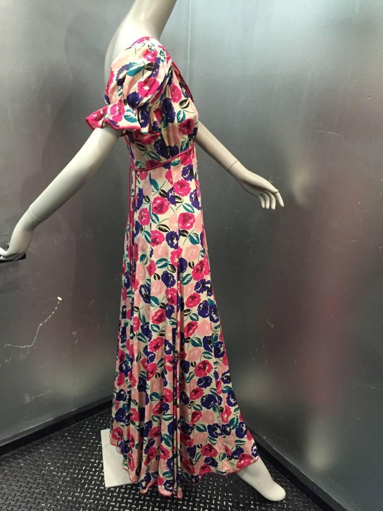 1930s Silk Floral Bias-Cut Gown in Fuchsia, Purple, Teal and Black 2