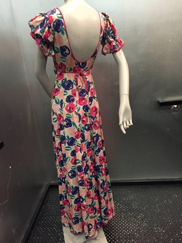 1930s Silk Floral Bias-Cut Gown in Fuchsia, Purple, Teal and Black 1