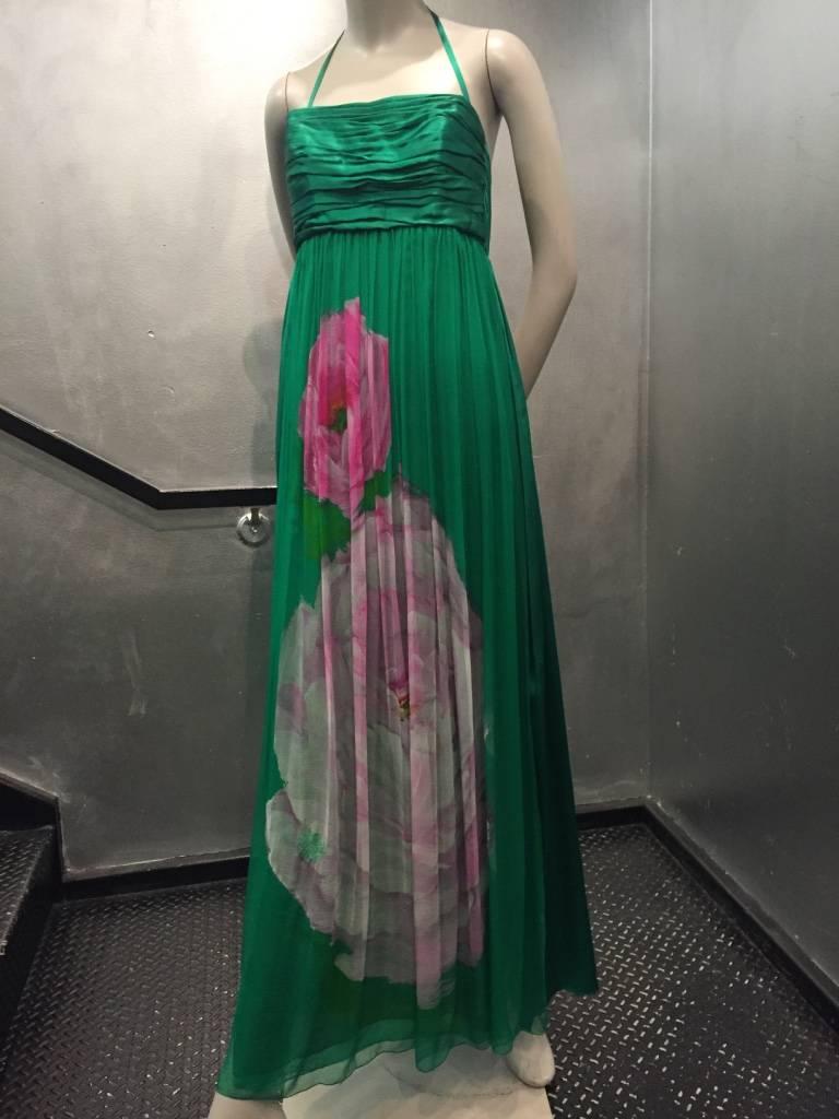 Women's James Galanos Emerald Green Silk Chiffon Floral Print Halter Evening Gown