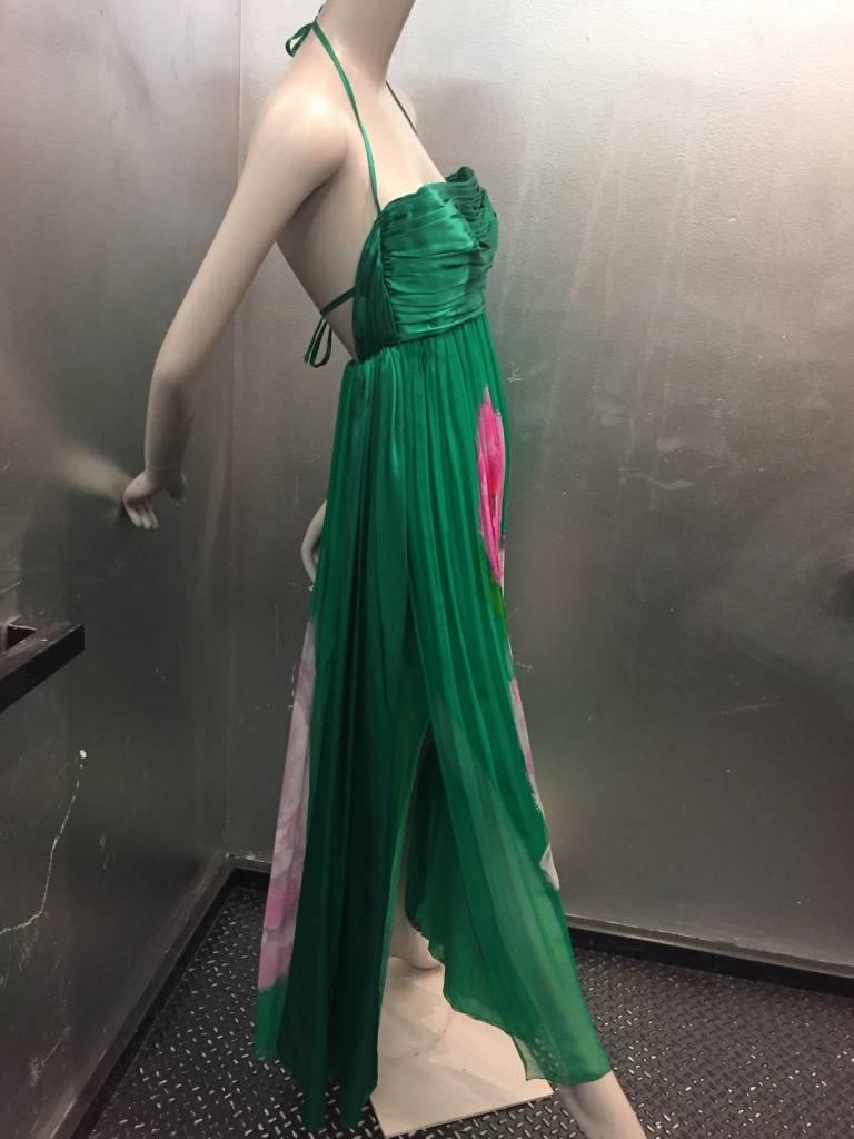 James Galanos Emerald Green Silk Chiffon Floral Print Halter Evening Gown In Excellent Condition In Gresham, OR