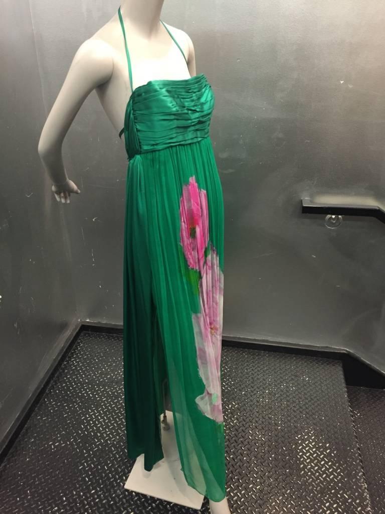 James Galanos Emerald Green Silk Chiffon Floral Print Halter Evening Gown 1