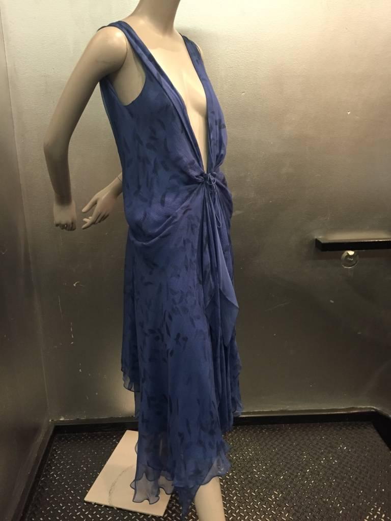 A gorgeous Donna Karan, 1920s-inspired, bias-cut cobalt and royal blue print silk chiffon dress.  Deep, daring, sexy, plunging decolletage in the front with front gathered and tied hip swag.Deep 