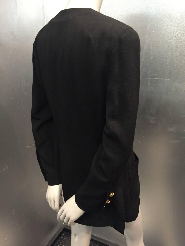 Women's 1980s Chanel Black Faille Collarless Jacket with Pockets and Shamrock Buttons