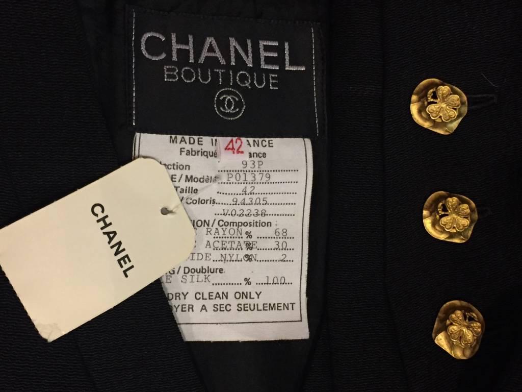 1980s Chanel Black Faille Collarless Jacket with Pockets and Shamrock Buttons 5